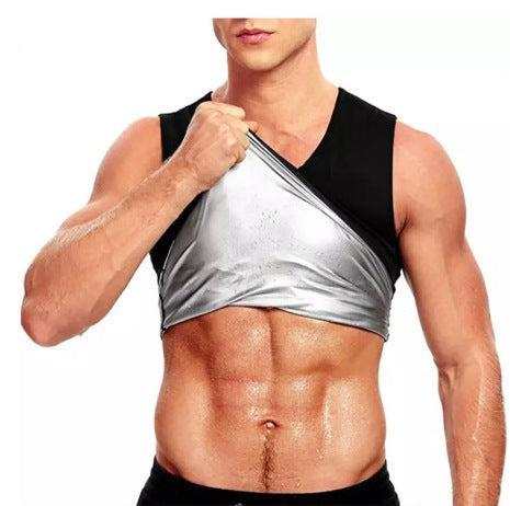Men's fitness corset shapewear with heat trapping, silver waist support vest, enhances body shaping.