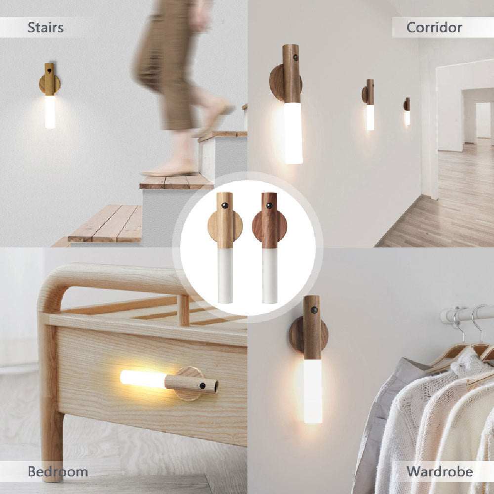 Auto LED USB magnetic wood wireless night light with PIR motion sensor for corridors, showing magnetic installation and soft illumination.