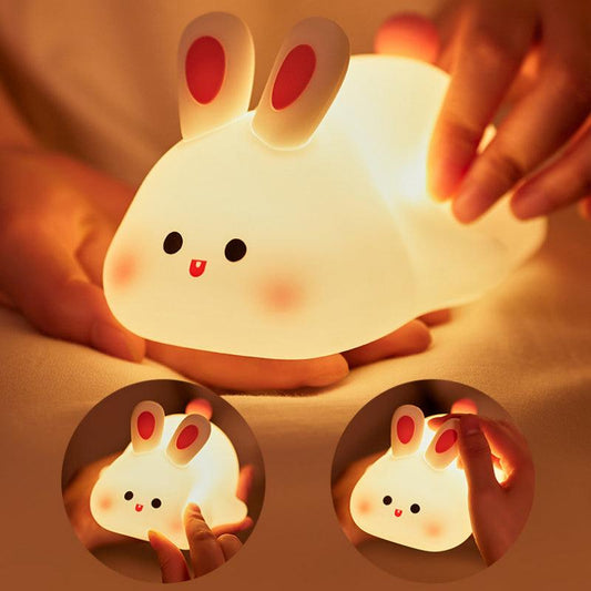 Cute LED night light with touch sensor, rabbit design, adjustable brightness, silicone material, perfect for kids' bedside.