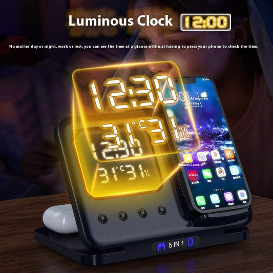 Wireless Chargers Stand 15W wireless charging stand with LED clock, phone, watch, and headphone charging slots.