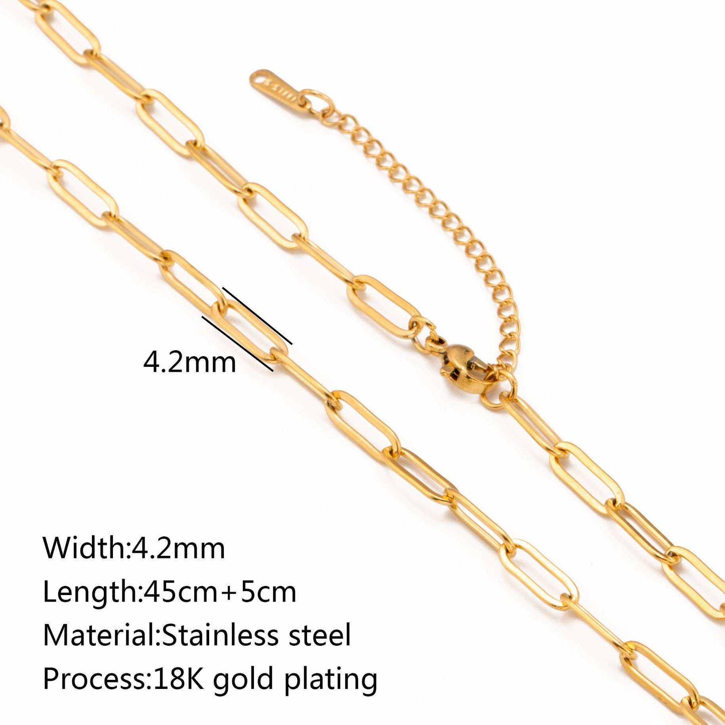 Stainless steel lip chain and accessories with vacuum vapor plating, showcasing 18K gold color protection.