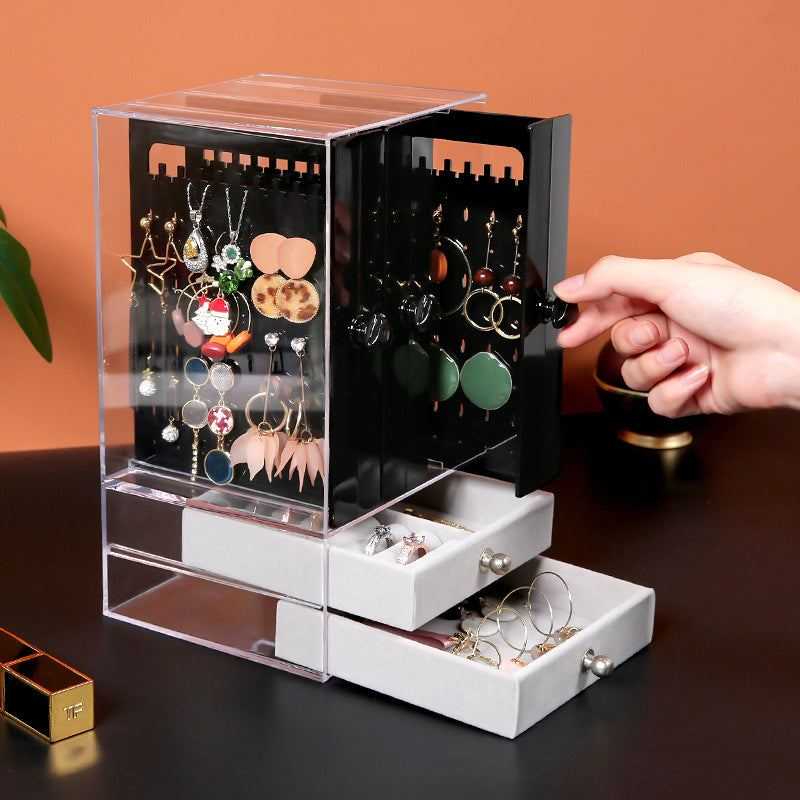 Acrylic cosmetic storage box with clear plastic design and multiple compartments for organizing makeup.