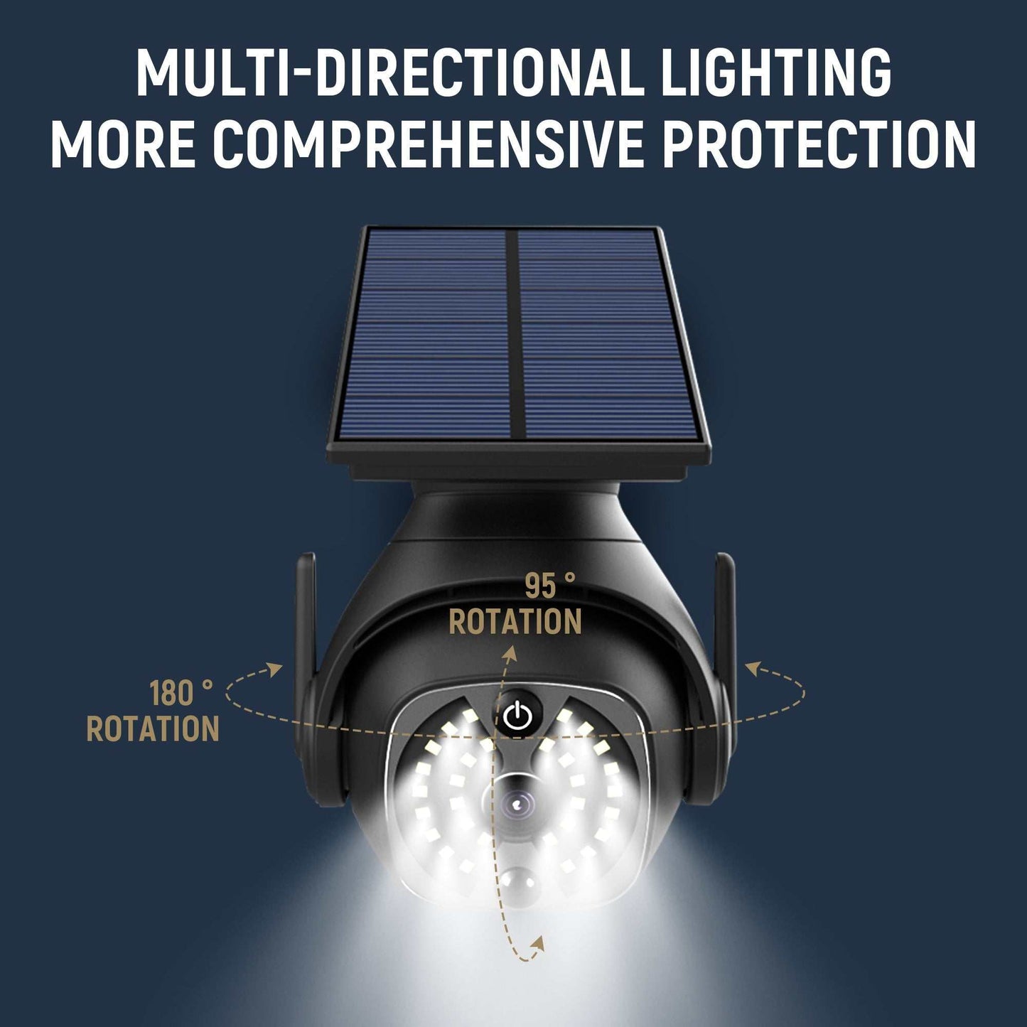 Solar powered outdoor courtyard light with human sensing, waterproof, and adjustable solar panel.