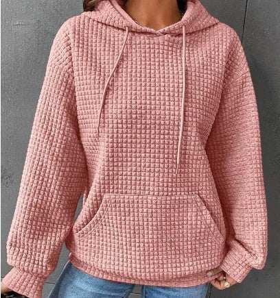 Women's loose casual solid color long-sleeved sweater with hood, available in multiple colors.