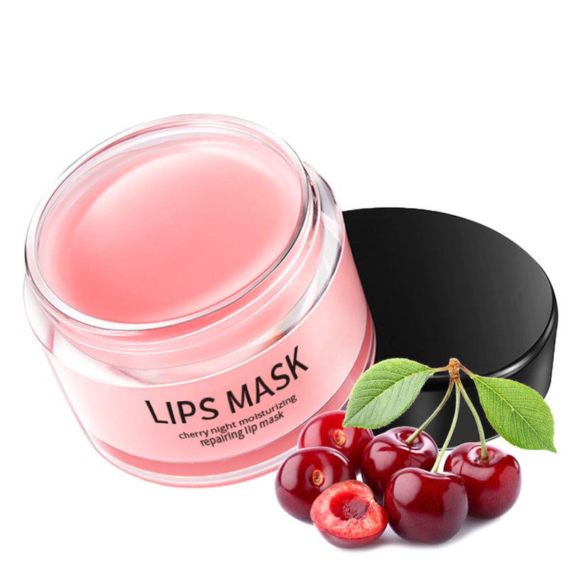 Lip Skin Care Moisturizing lip mask with cherries and black lid, perfect for hydrating and nourishing lips.