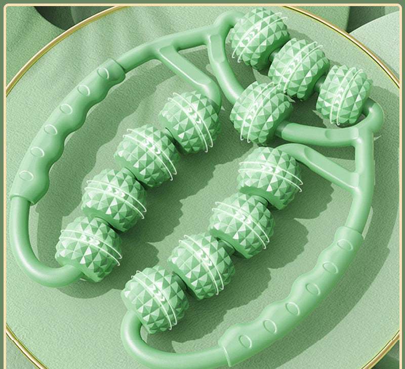 Muscle Relaxation Ring Leg Clip Roller in pink with textured rollers for massage therapy.