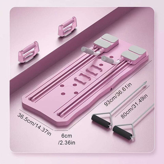 Multifunctional supine board-wheel in blue, compactly stored beside a sofa for home fitness.