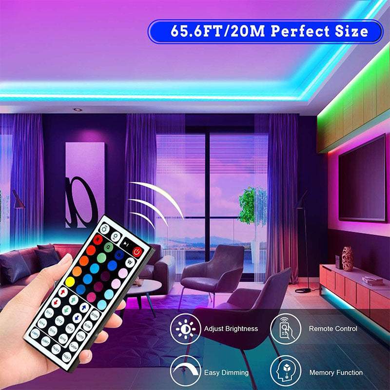 LED Strip Lights 20m RGB Flexible Tape with Remote Controller and Power Supply for Home Decor.