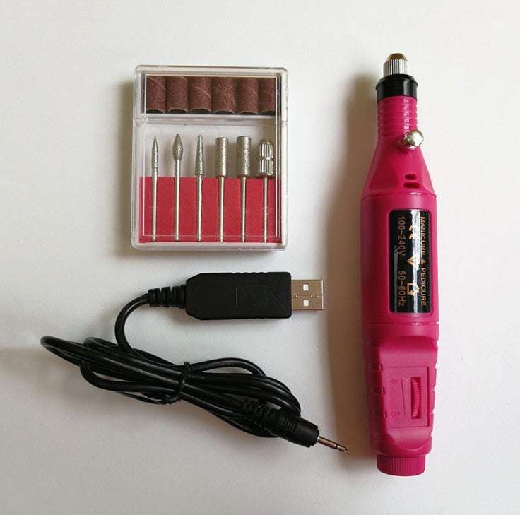 Electric nail polish machine pen with three color options, set of six polishing heads, and USB power line.