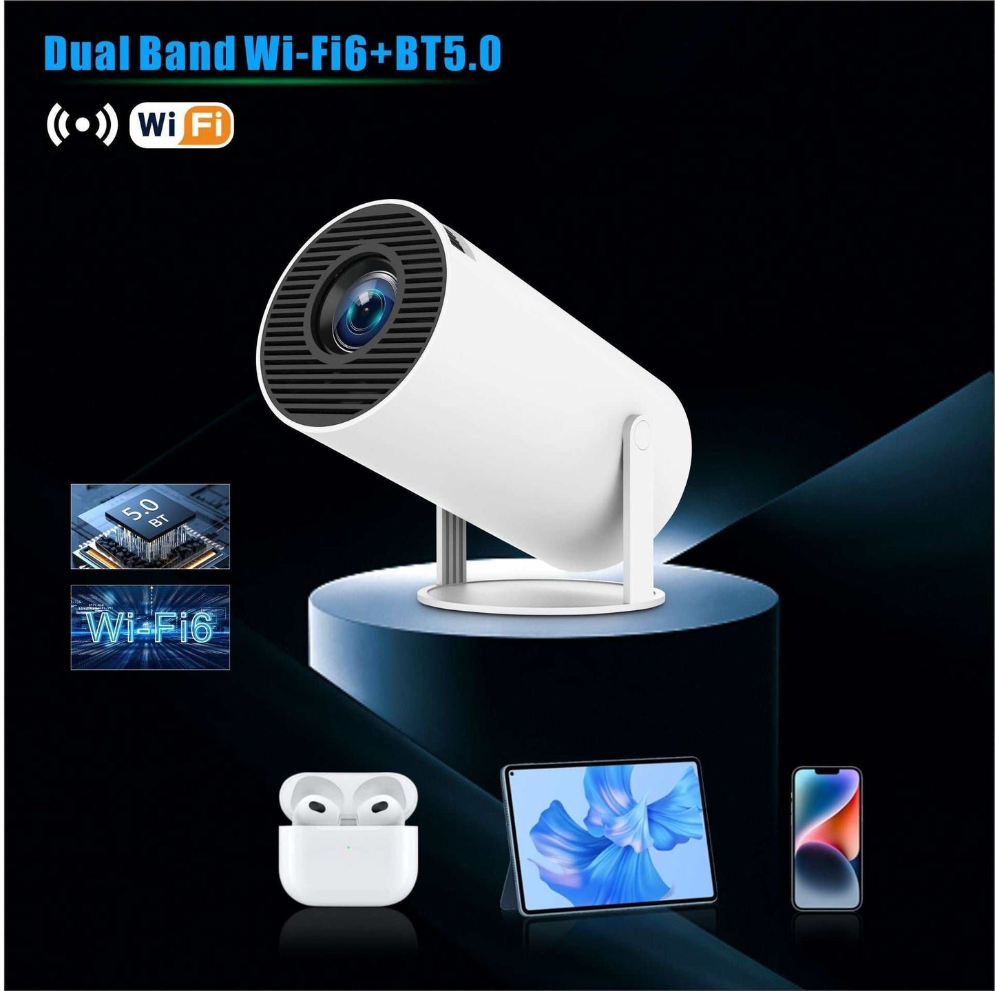 HY300 Pro Projector, portable home theater with 4K support, Wi-Fi, and 720P resolution.