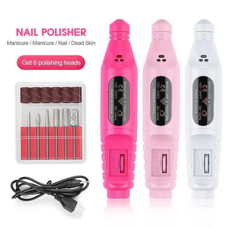 Electric nail polish machine pen with three color options, set of six polishing heads, and USB power line.