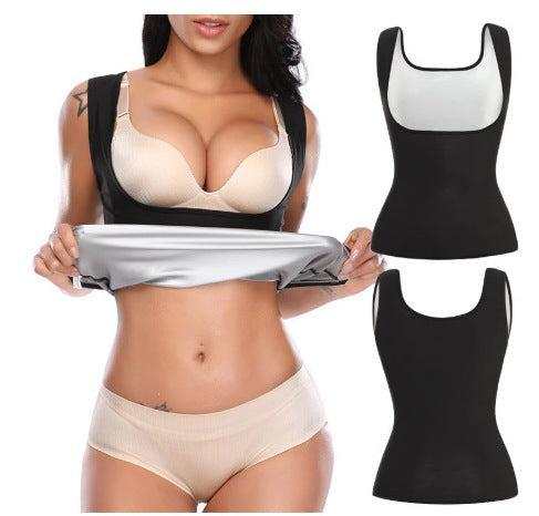 Men's fitness corset shapewear with heat trapping, silver waist support vest, enhances body shaping.