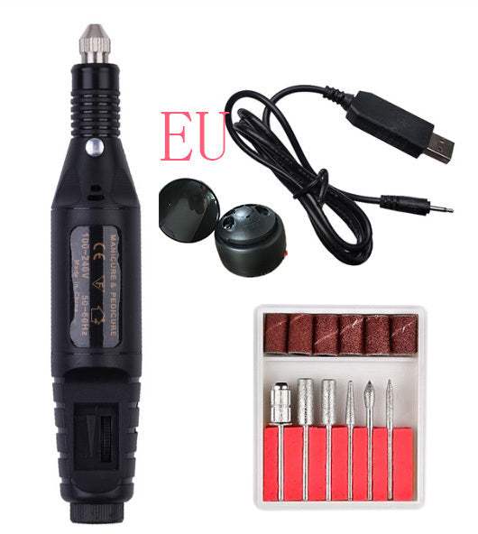 Electric nail polish machine pen with three color options, set of six polishing heads, and USB power line.