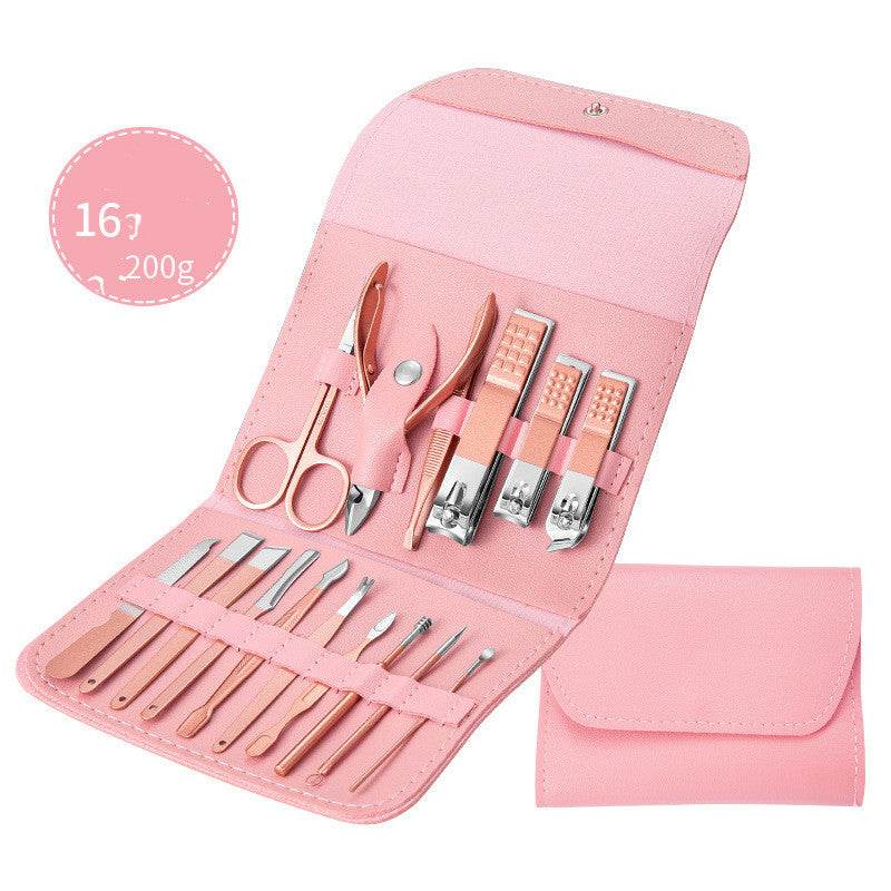 Professional nail clippers set with high-quality stainless steel tools in a rose gold leather case.