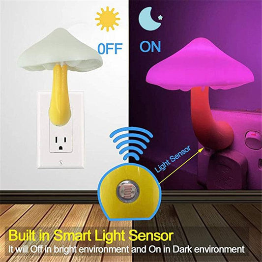 LED Night Light Mushroom Wall Socket Lamp with light-control sensor, EU US Plug, warm white glow for bedroom decoration.