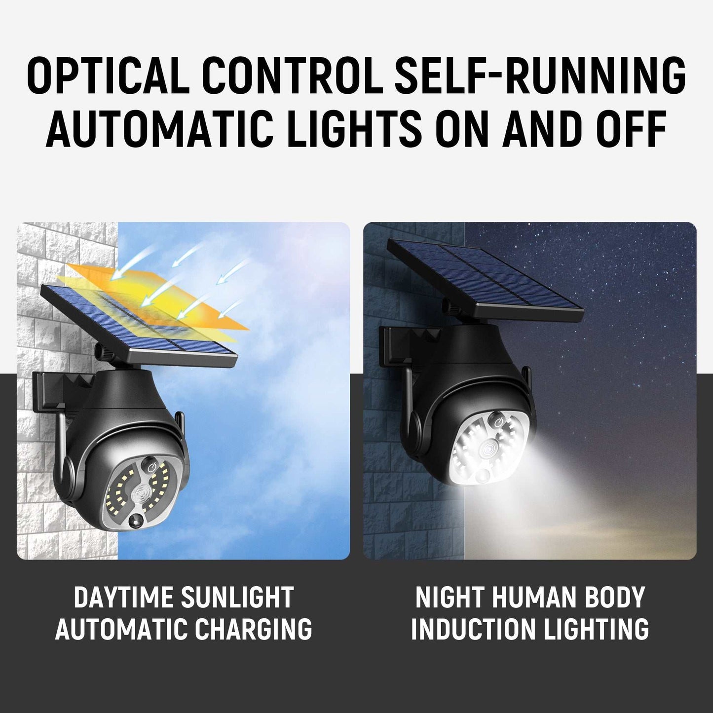 Solar powered outdoor courtyard light with human sensing, waterproof, and adjustable solar panel.
