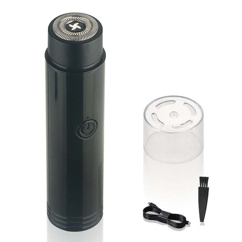Portable mini electric shaver for men with black and silver design, showcasing shaving features.