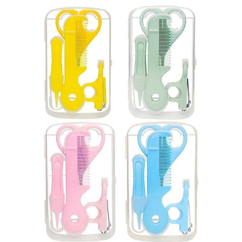 Baby nail clipper set with scissors and nail file in a durable stainless steel material, available in multiple colors for family use.