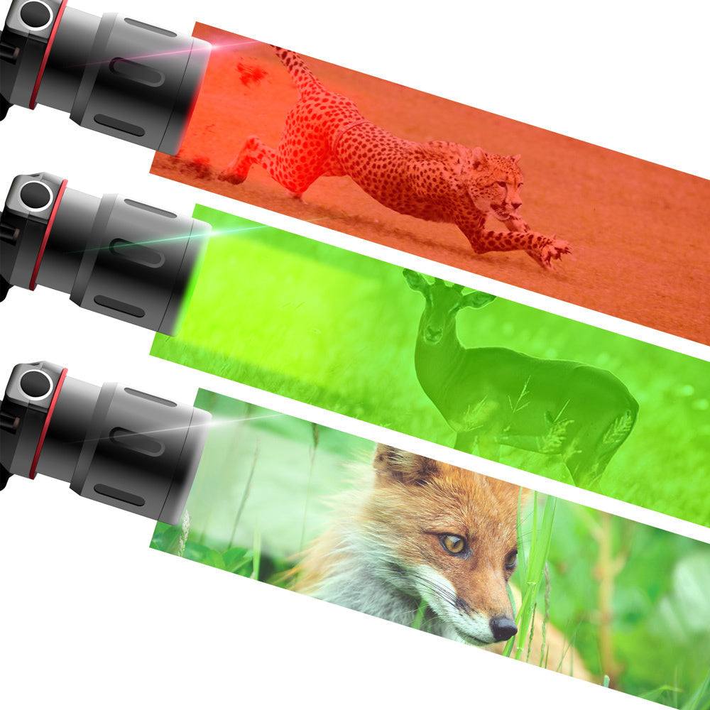 T6 white light LED headlamp with white, red, and green light options, zoom feature, rechargeable with USB charger and batteries included.