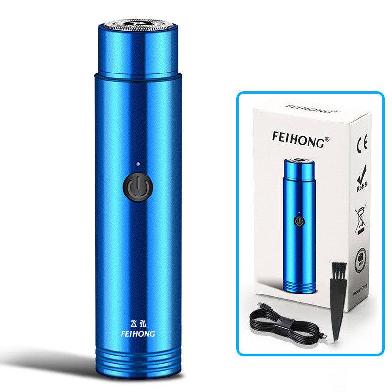 Portable mini electric shaver for men with black and silver design, showcasing shaving features.