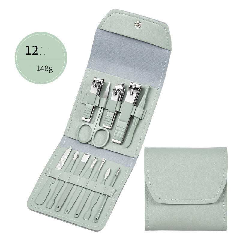 Professional nail clippers set with high-quality stainless steel tools in a rose gold leather case.