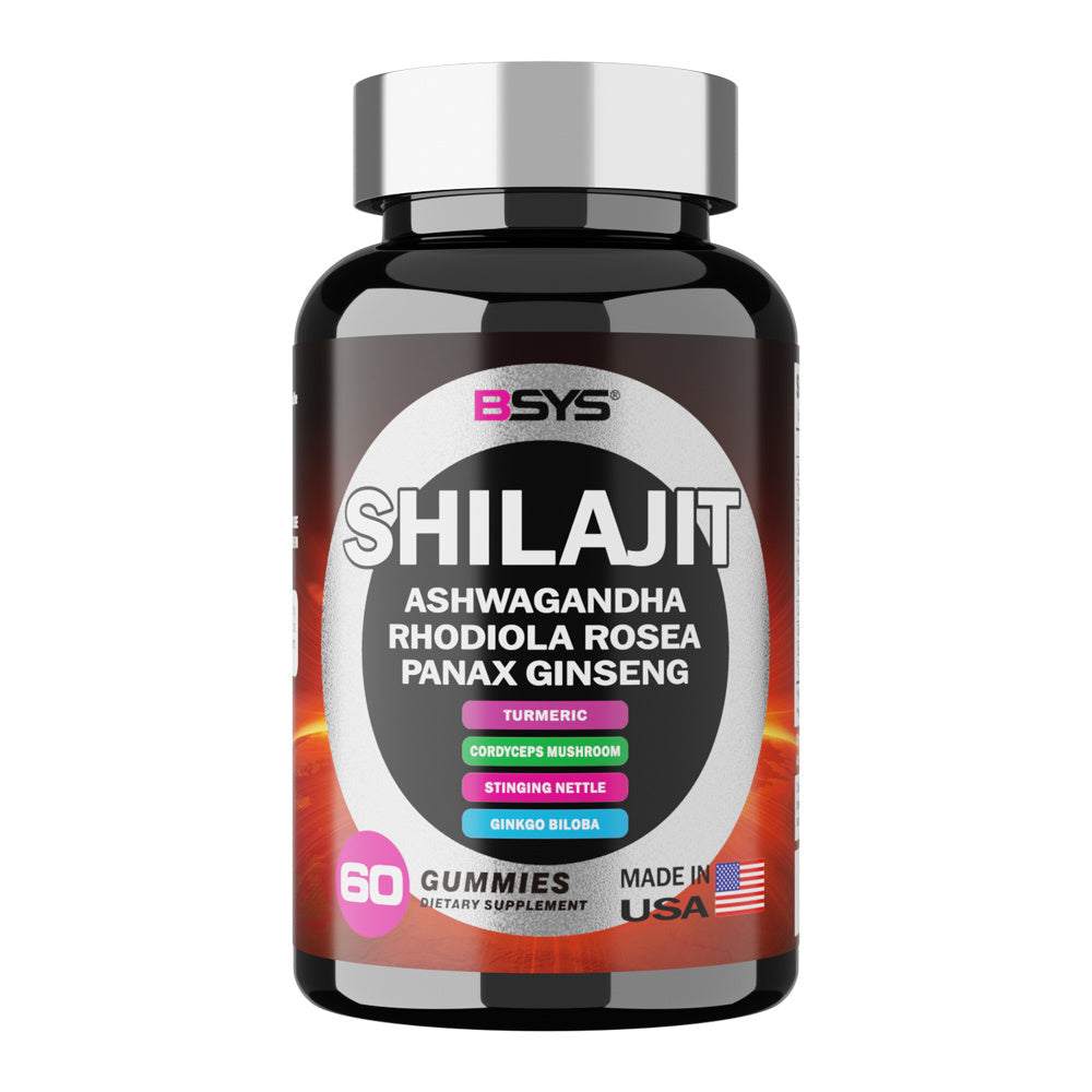 BSYS 8IN1 Shilajit Gummies 60's bottle with highlighted ingredients and USA origin.