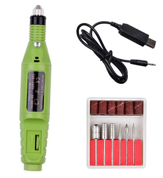 Electric nail polish machine pen with three color options, set of six polishing heads, and USB power line.