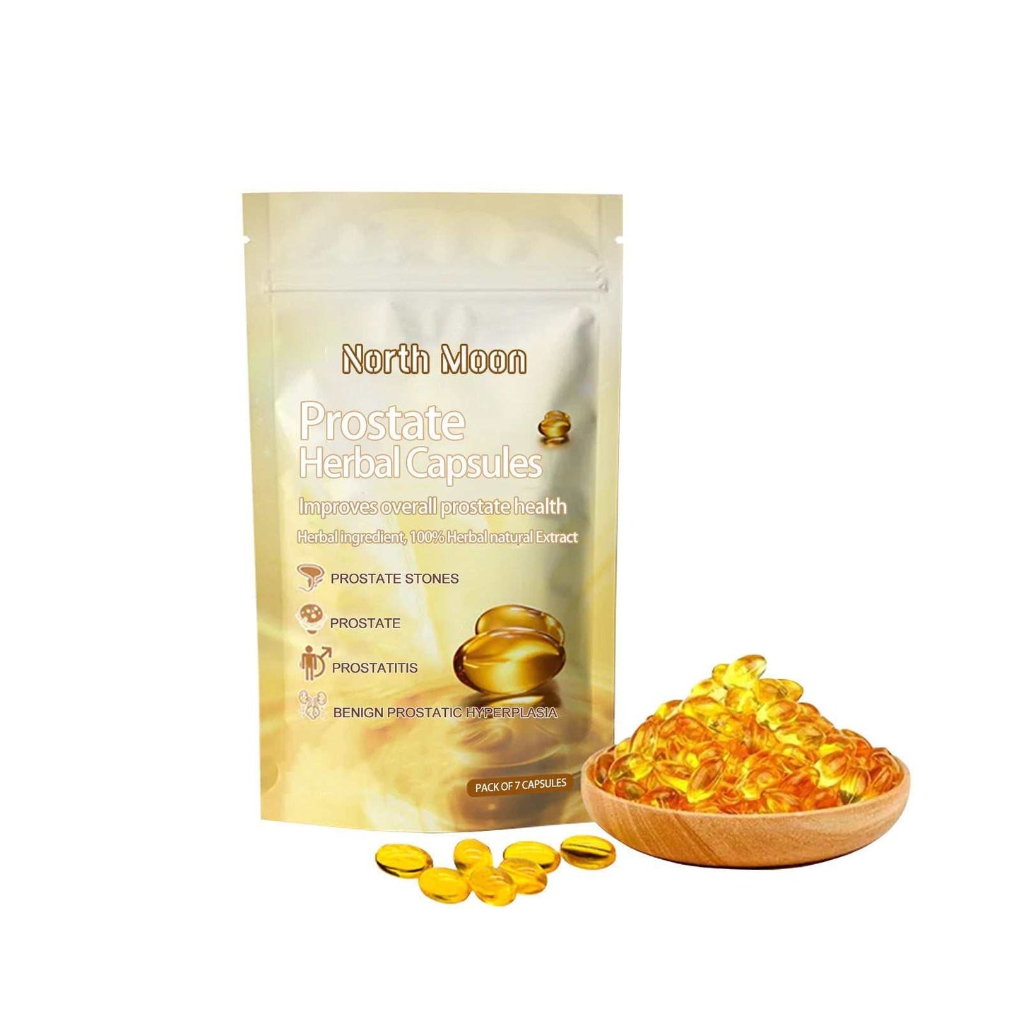 Prostate herbal capsules for male front discomfort relief and body care.