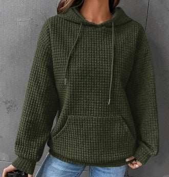 Women's loose casual solid color long-sleeved sweater with hood, available in multiple colors.