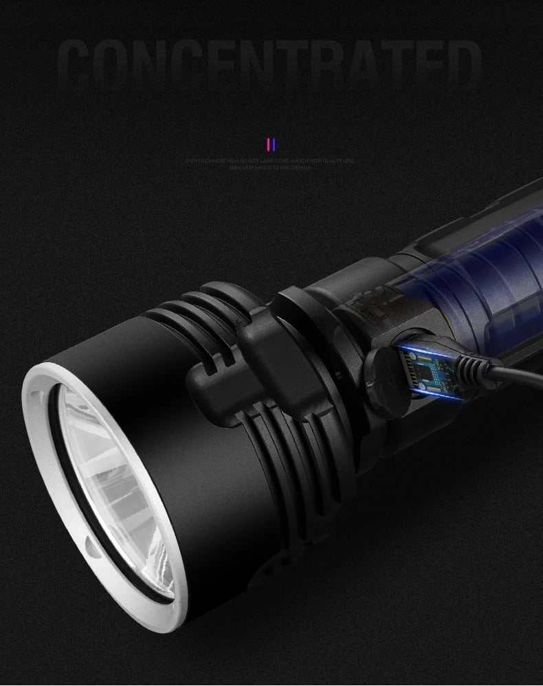 Strong Flashlight Rechargeable strong LED flashlight made from aluminum alloy, suitable for outdoor activities like camping and hiking.