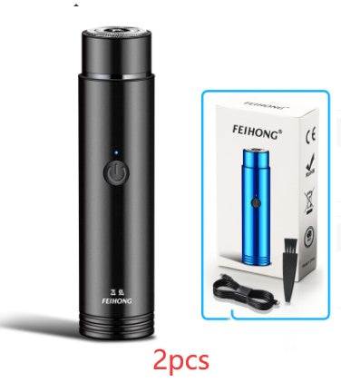 Portable mini electric shaver for men with black and silver design, showcasing shaving features.