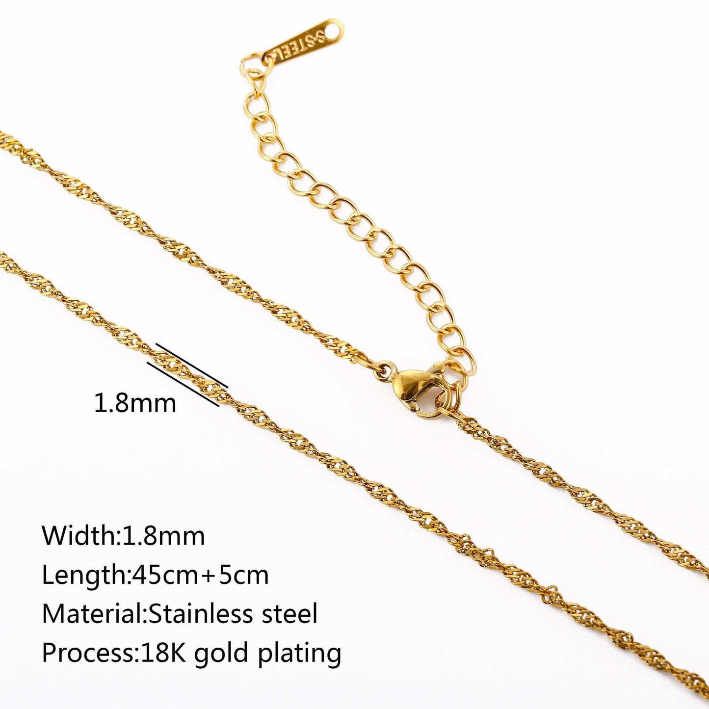 Stainless steel lip chain and accessories with vacuum vapor plating, showcasing 18K gold color protection.