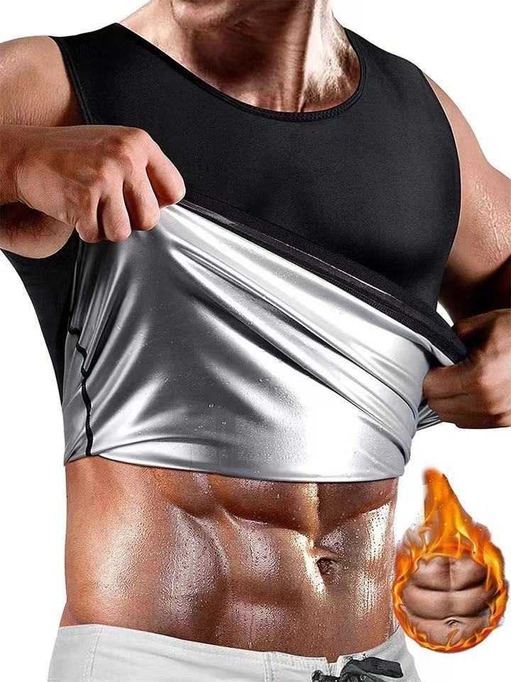 Men's fitness corset shapewear with heat trapping, silver waist support vest, enhances body shaping.