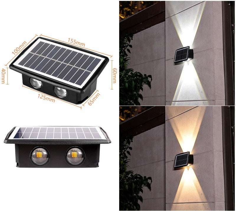 Solar outdoor wall lights illuminating a stone wall with warm light.