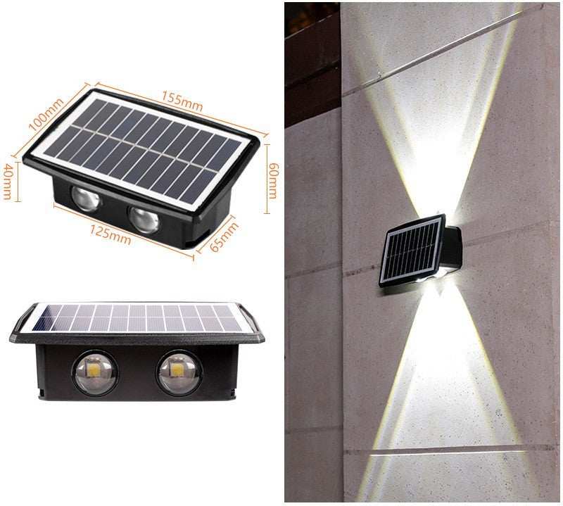 Solar outdoor wall lights illuminating a stone wall with warm light.