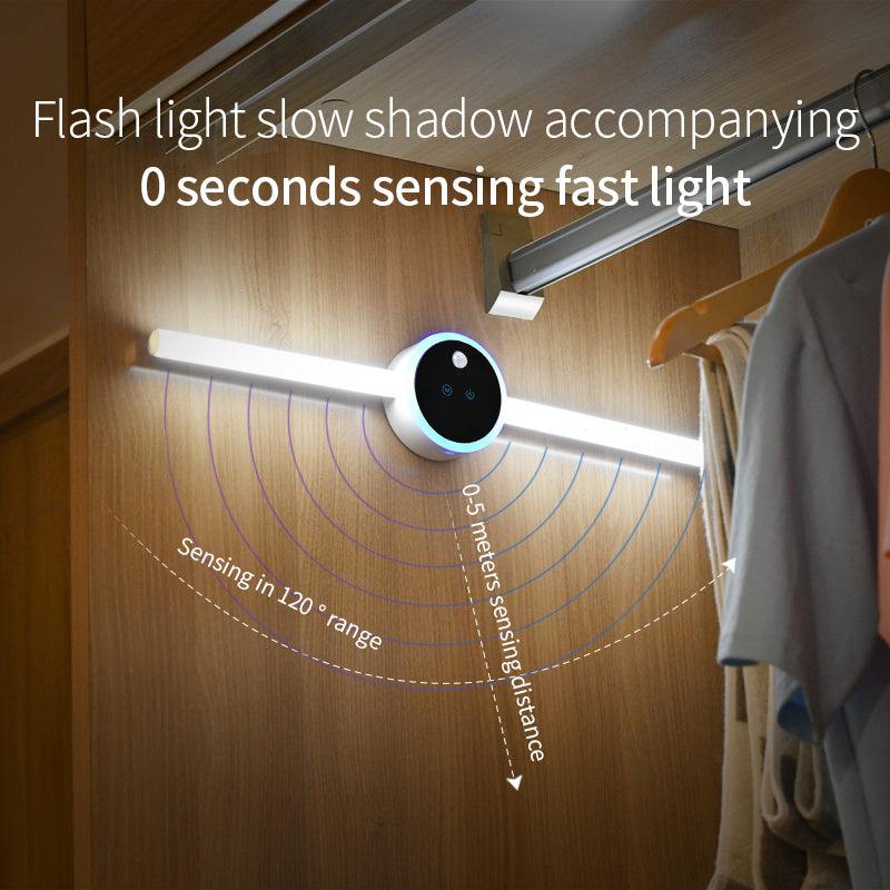 Smart cabinet light with clock and hand sweep timing feature, illuminating a wall.