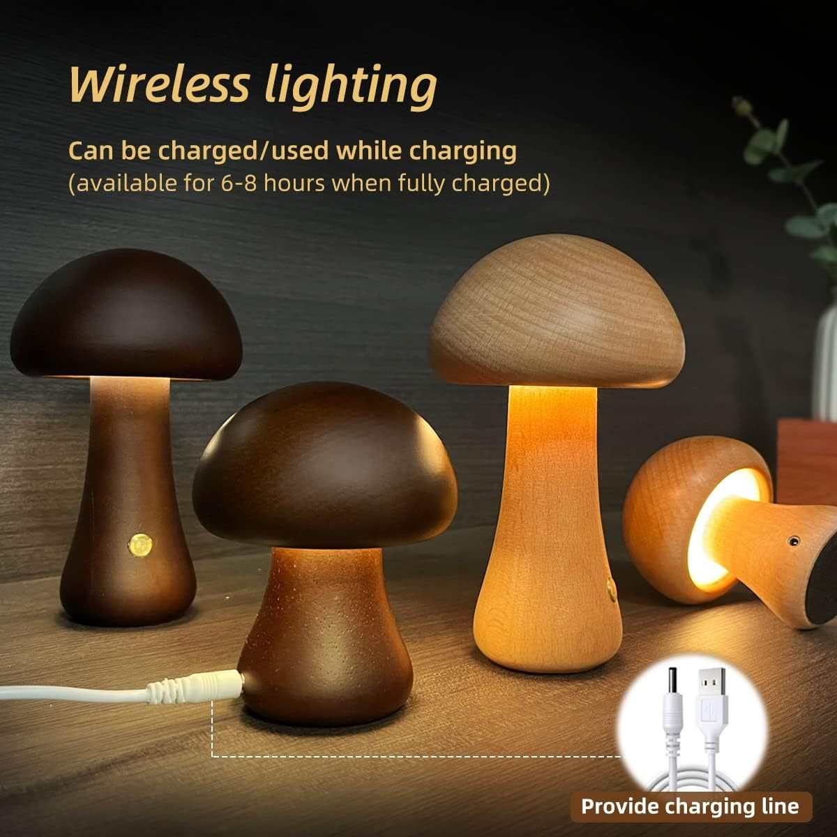 Wooden cute mushroom LED night lights on a bedside table, suitable for children's room decor.