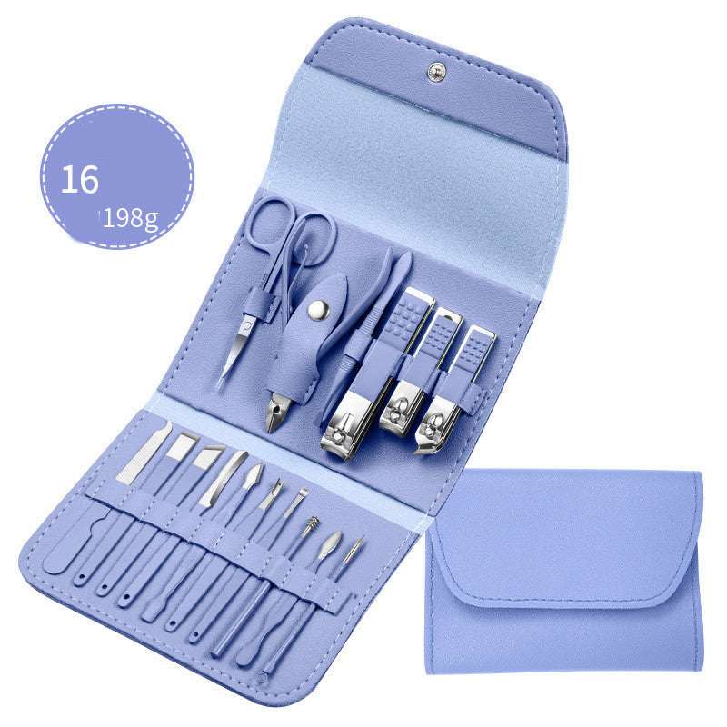 Professional nail clippers set with high-quality stainless steel tools in a rose gold leather case.