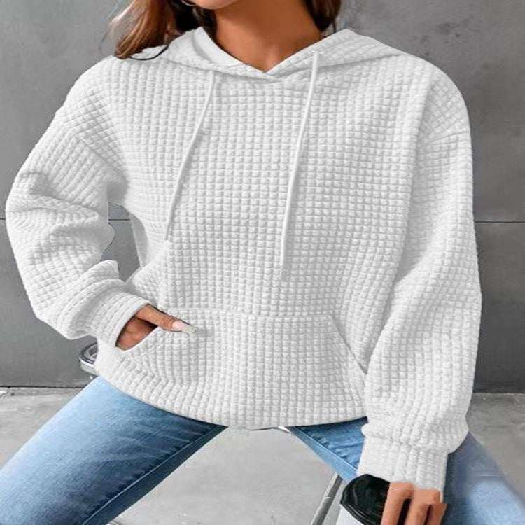 Women's loose casual solid color long-sleeved sweater with hood, available in multiple colors.