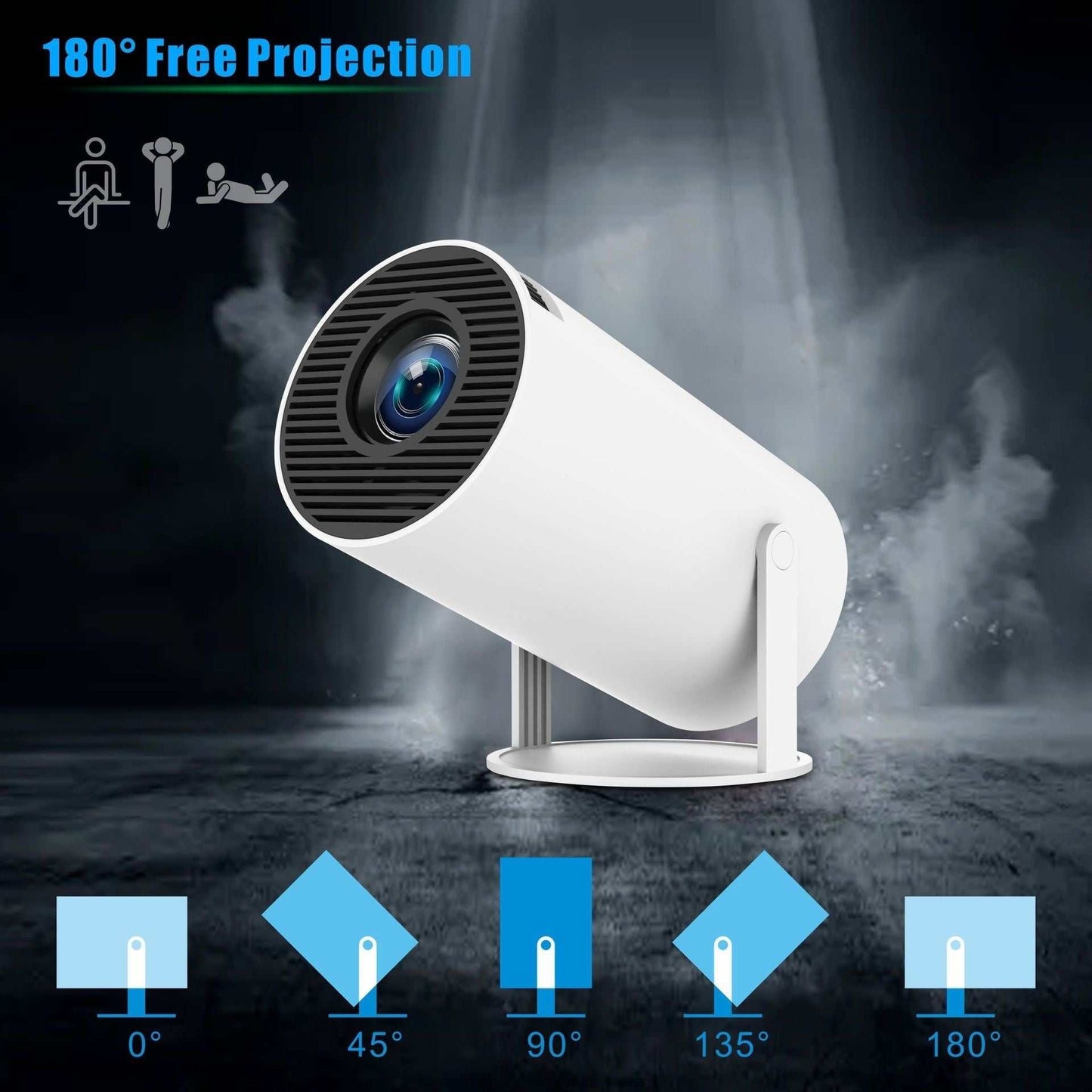 HY300 Pro Projector, portable home theater with 4K support, Wi-Fi, and 720P resolution.