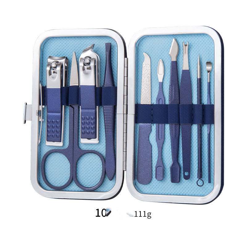 Professional nail clippers set with high-quality stainless steel tools in a rose gold leather case.