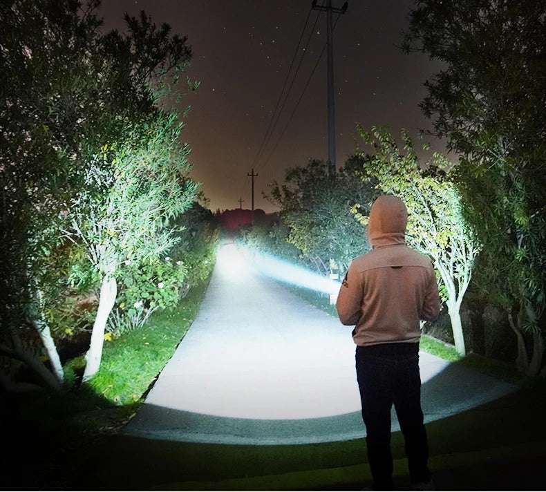 Strong Flashlight Rechargeable strong LED flashlight made from aluminum alloy, suitable for outdoor activities like camping and hiking.