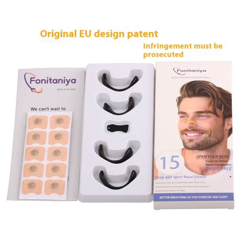 Nasal Respiratory Dilator with magnetic nose clips and adhesive strips for improved airflow.