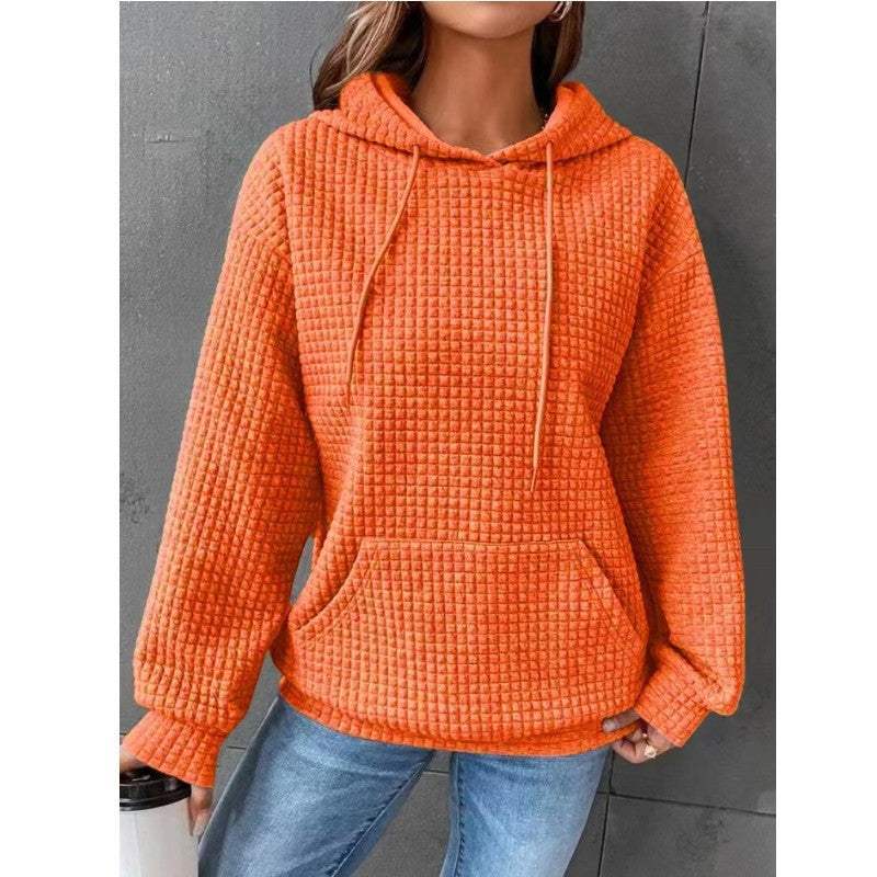 Women's loose casual solid color long-sleeved sweater with hood, available in multiple colors.