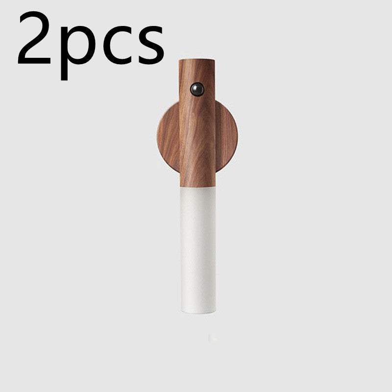 Auto LED USB magnetic wood wireless night light with PIR motion sensor for corridors, showing magnetic installation and soft illumination.