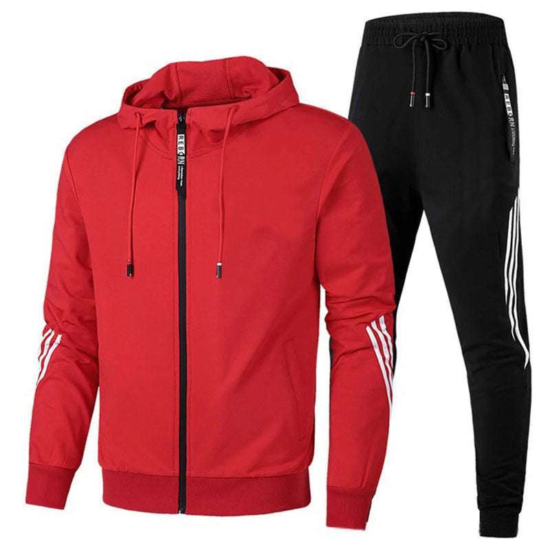 Men's leisure sports suit in navy blue with orange accents, hooded long-sleeve top, and trousers, suitable for spring and autumn.