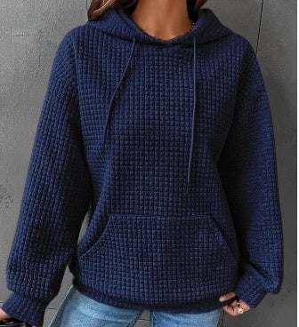 Women's loose casual solid color long-sleeved sweater with hood, available in multiple colors.