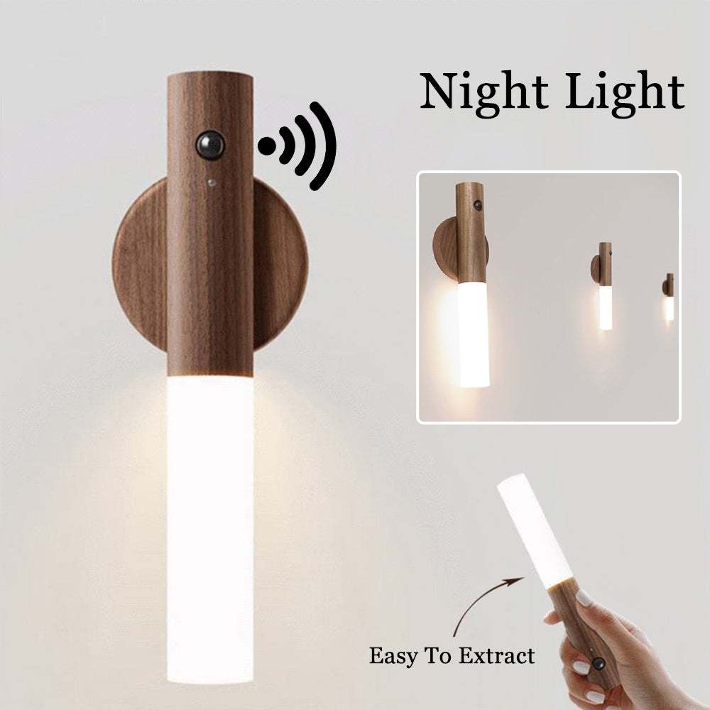 Auto LED USB magnetic wood wireless night light with PIR motion sensor for corridors, showing magnetic installation and soft illumination.