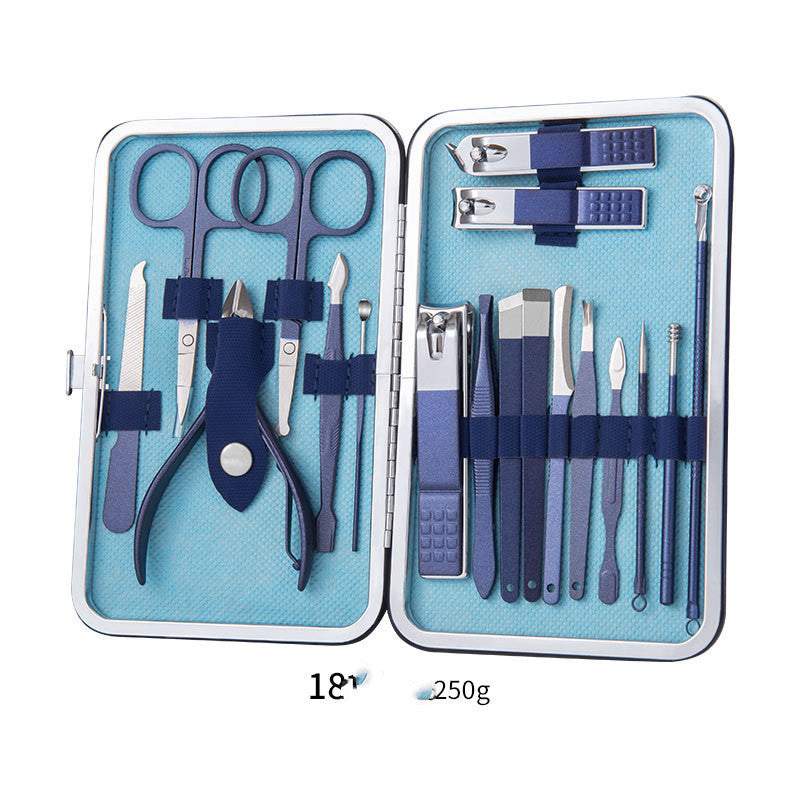 Professional nail clippers set with high-quality stainless steel tools in a rose gold leather case.
