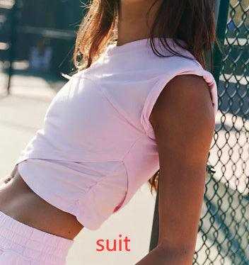 Ladies two-piece set with sleeveless top and sweatpants, dark color, casual style.